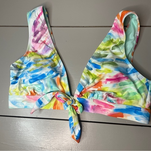 NWT Time and Tru Size L Bikini TOP ONLY White Multicolor Plunge Front Tie. - Picture 2 of 7